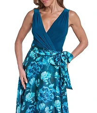 Eliza J Sleeveless Floral Wrap Surplice Bodice Ballgown