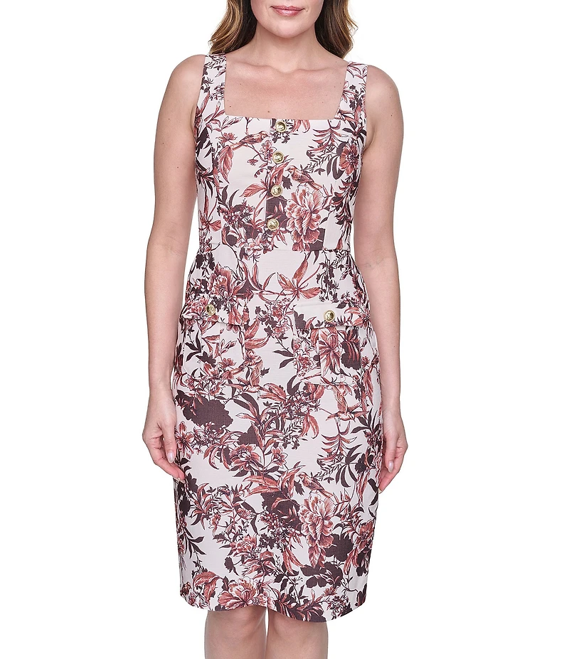 Eliza J Sleeveless Square Neck Button Down Sheath Dress With Pockets