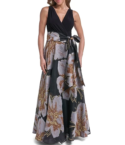 Eliza J Sleeveless Surplice Floral Organza Ballgown