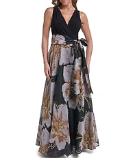 Eliza J Sleeveless Surplice Floral Organza Ballgown