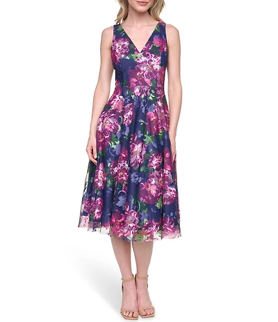 Eliza J Sleeveless V Neck Fit & Flare Knee Length Dress