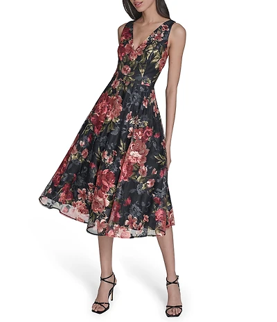 Eliza J Sleeveless V-Neck Floral Embroidery Dress