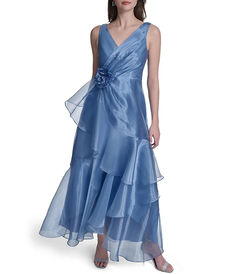 Eliza J Sleeveless V Neck Gown With Cascading Ruffles and Floral Applique
