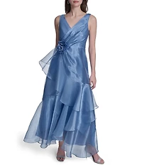 Eliza J Sleeveless V Neck Gown With Cascading Ruffles and Floral Applique