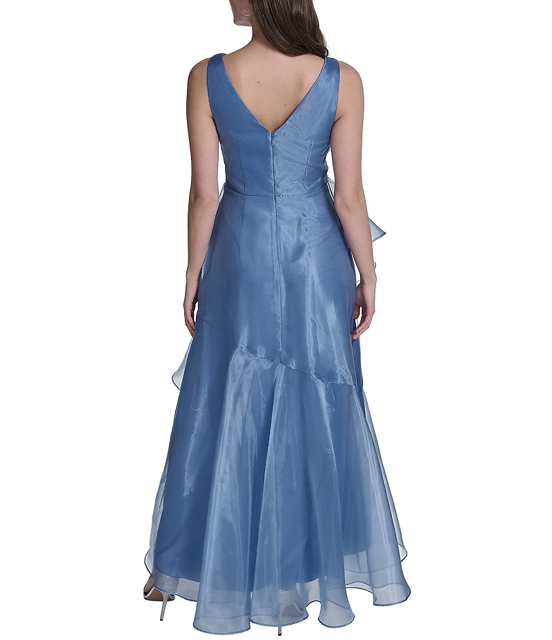 Eliza J Sleeveless V Neck Gown With Cascading Ruffles and Floral Applique