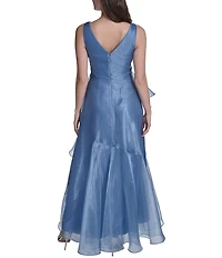 Eliza J Sleeveless V Neck Gown With Cascading Ruffles and Floral Applique