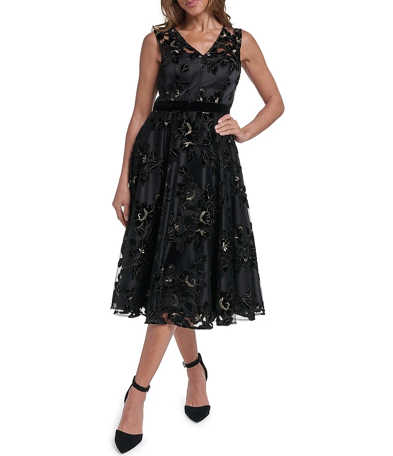 Eliza J Sleeveless V-Neck Midi Velvet Mesh Dress