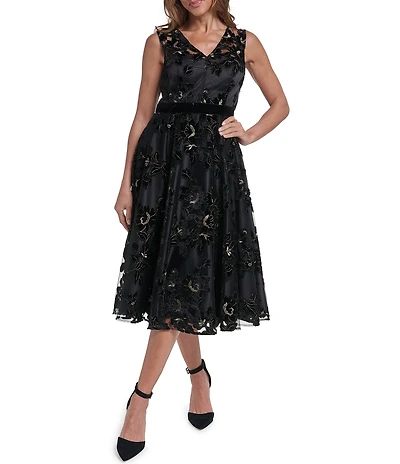 Eliza J Sleeveless V-Neck Midi Velvet Mesh Dress