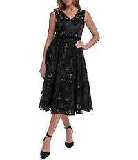 Eliza J Sleeveless V-Neck Midi Velvet Mesh Dress