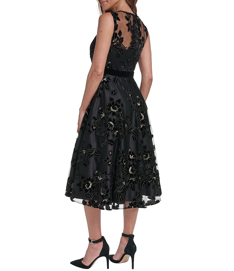 Eliza J Sleeveless V-Neck Midi Velvet Mesh Dress