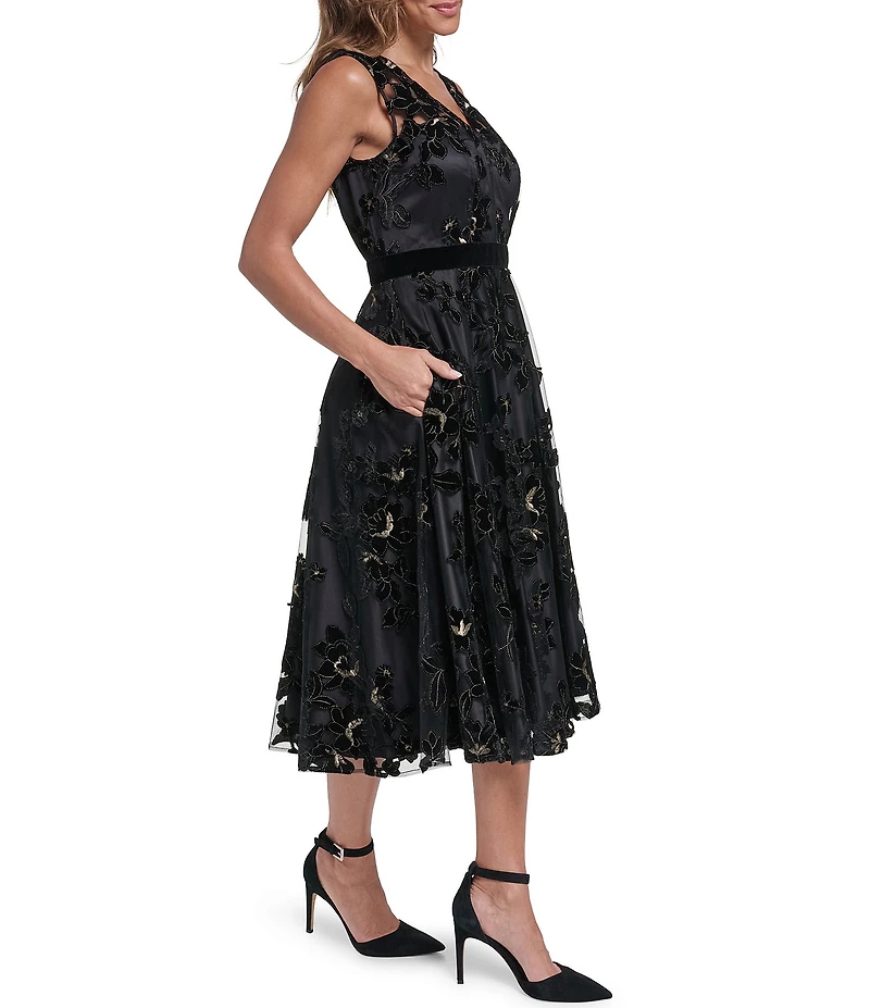 Eliza J Sleeveless V-Neck Midi Velvet Mesh Dress