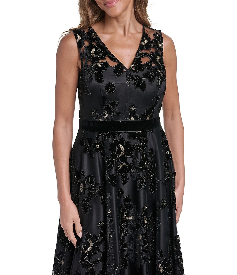 Eliza J Sleeveless V-Neck Midi Velvet Mesh Dress