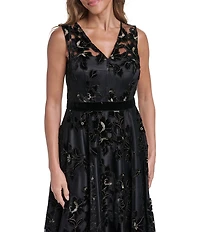 Eliza J Sleeveless V-Neck Midi Velvet Mesh Dress