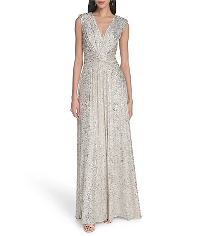 Eliza J Sleeveless V-Neck Twist Waist Sequin Gown