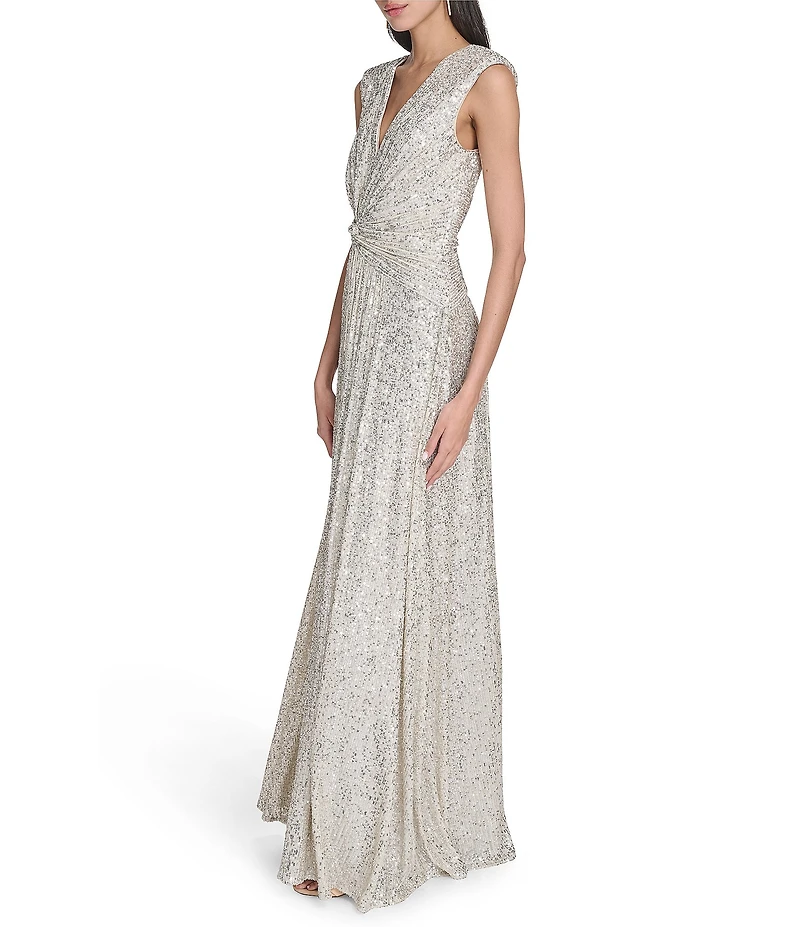 Eliza J Sleeveless V-Neck Twist Waist Sequin Gown