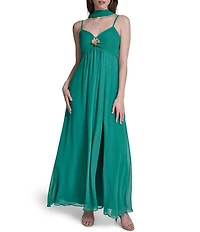 Eliza J Spaghetti Strap Pleated Gown With Skirt Slit & Neck Sash