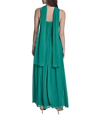 Eliza J Spaghetti Strap Pleated Gown With Skirt Slit & Neck Sash
