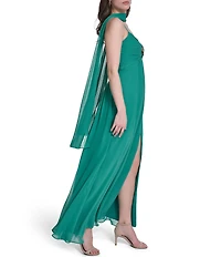 Eliza J Spaghetti Strap Pleated Gown With Skirt Slit & Neck Sash