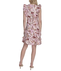Eliza J Split V Neck Ruffle Trim Printed Poplin Shift Dress