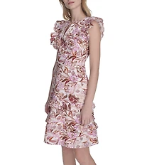 Eliza J Split V Neck Ruffle Trim Printed Poplin Shift Dress