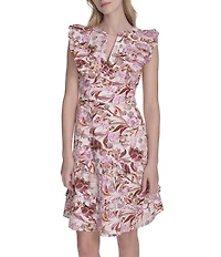 Eliza J Split V Neck Ruffle Trim Printed Poplin Shift Dress