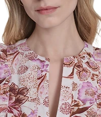 Eliza J Split V Neck Ruffle Trim Printed Poplin Shift Dress