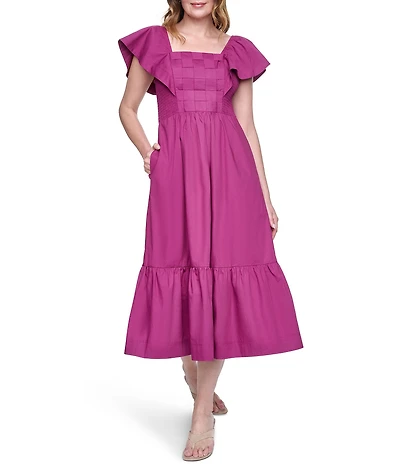Eliza J Square Neck Basket Weave Smocked Bodice Midi Dress