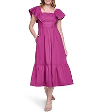 Eliza J Square Neck Basket Weave Smocked Bodice Midi Dress