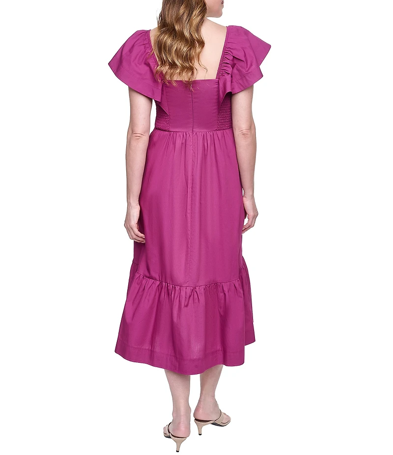 Eliza J Square Neck Basket Weave Smocked Bodice Midi Dress