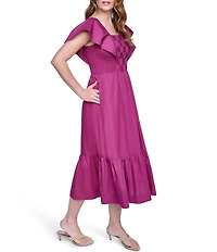 Eliza J Square Neck Basket Weave Smocked Bodice Midi Dress