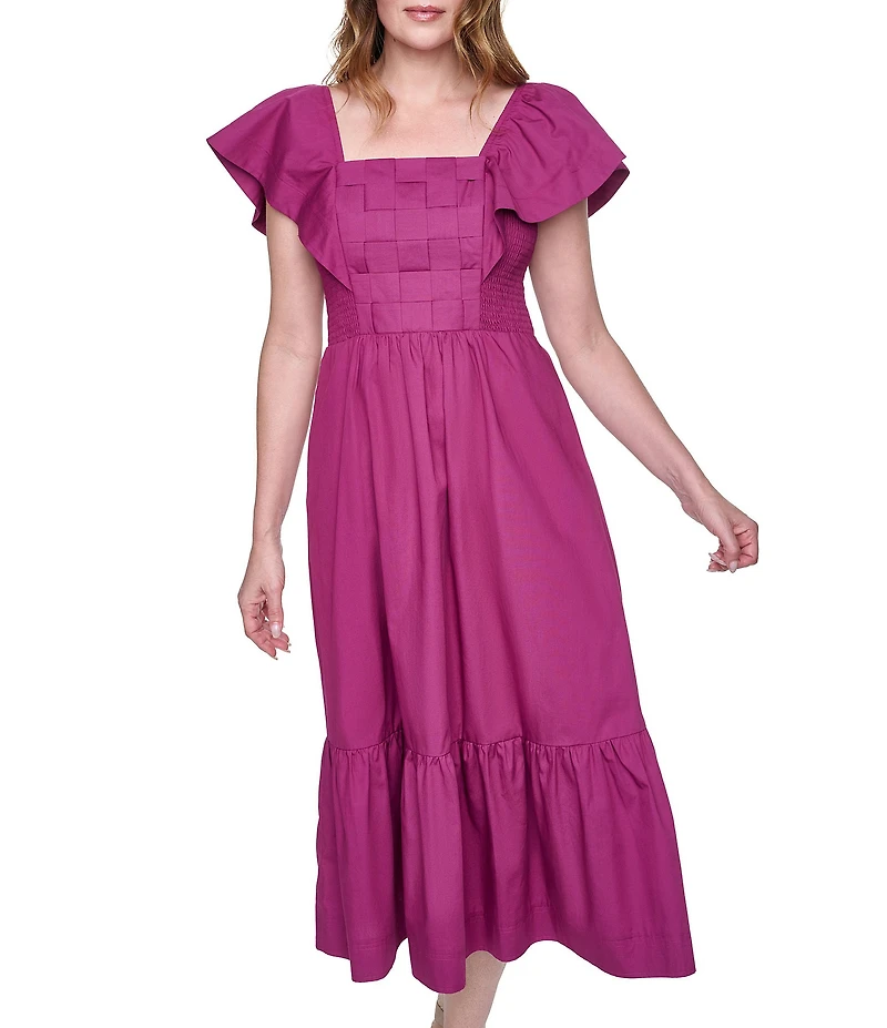 Eliza J Square Neck Basket Weave Smocked Bodice Midi Dress
