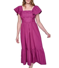 Eliza J Square Neck Basket Weave Smocked Bodice Midi Dress