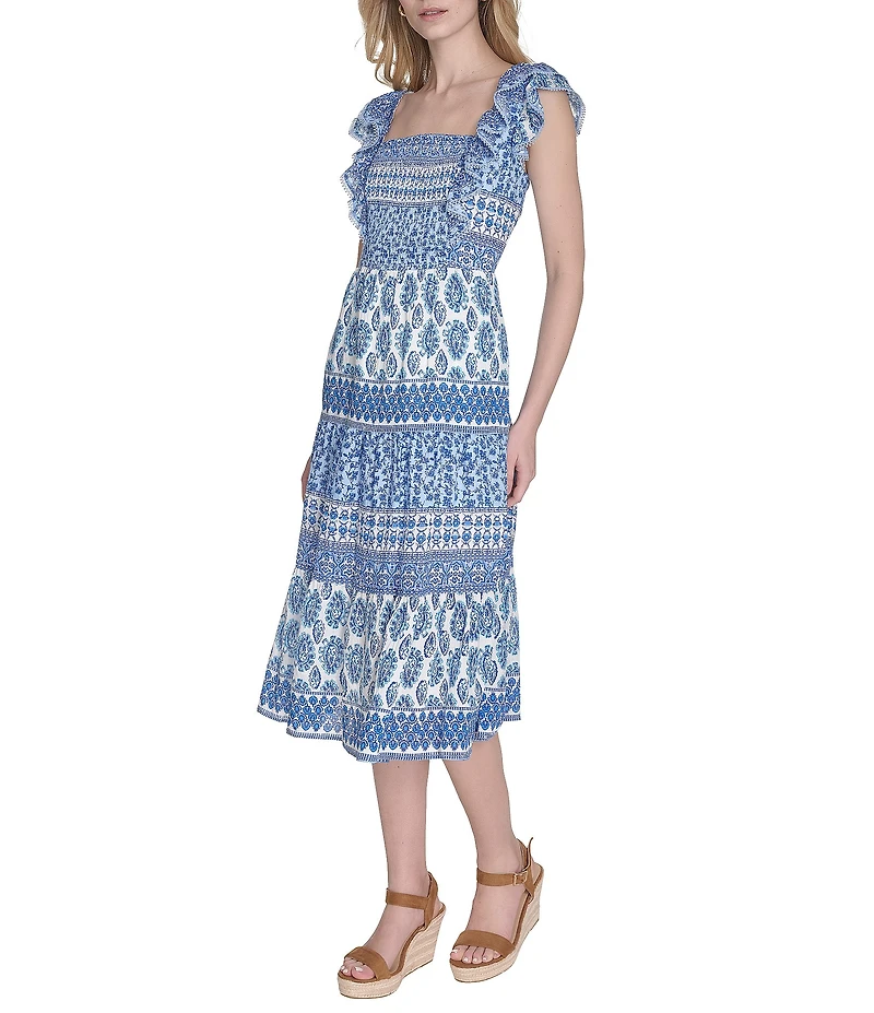 Eliza J Square Neck Ruffle Shoulder Smocked Bodice Printed Midi Dress