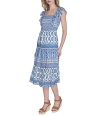 Eliza J Square Neck Ruffle Shoulder Smocked Bodice Printed Midi Dress