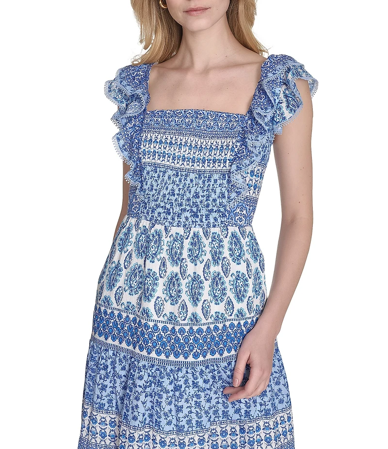 Eliza J Square Neck Ruffle Shoulder Smocked Bodice Printed Midi Dress