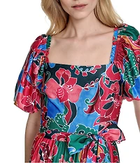 Eliza J Square Neck Short Puffed Sleeve Crepe Satin A-Line Tiered Maxi Dress