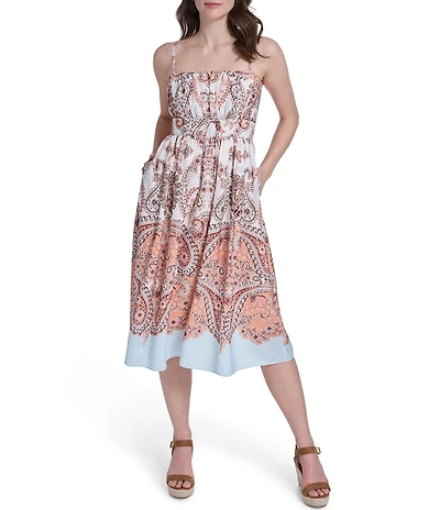 Eliza J Square Neck Sleeveless Printed A-Line Midi Dress