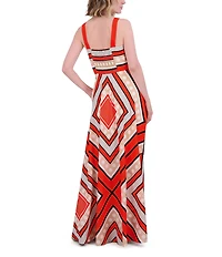 Eliza J Square Neck Sleeveless Stripe Scarf Print Crepe De Chine A-Line Maxi Dress