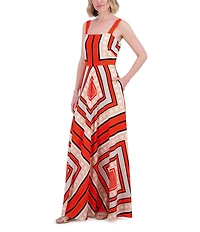 Eliza J Square Neck Sleeveless Stripe Scarf Print Crepe De Chine A-Line Maxi Dress