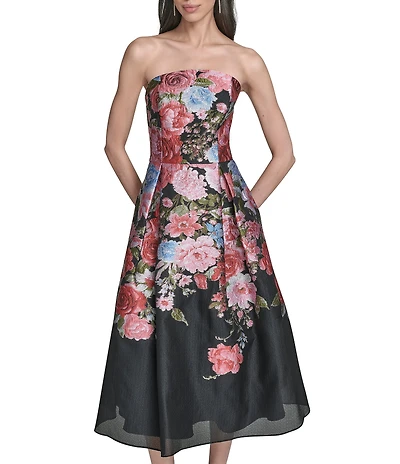 Eliza J Strapless Jacquard Floral Print A-Line Midi Dress