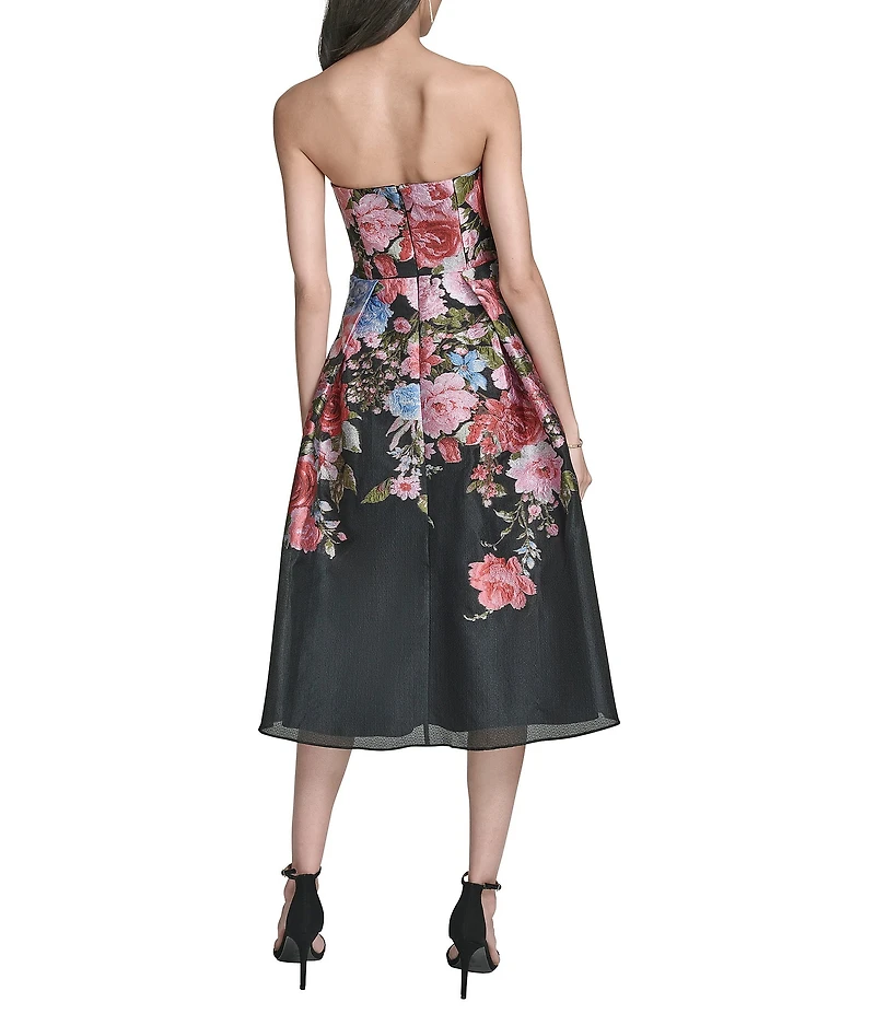 Eliza J Strapless Jacquard Floral Print A-Line Midi Dress