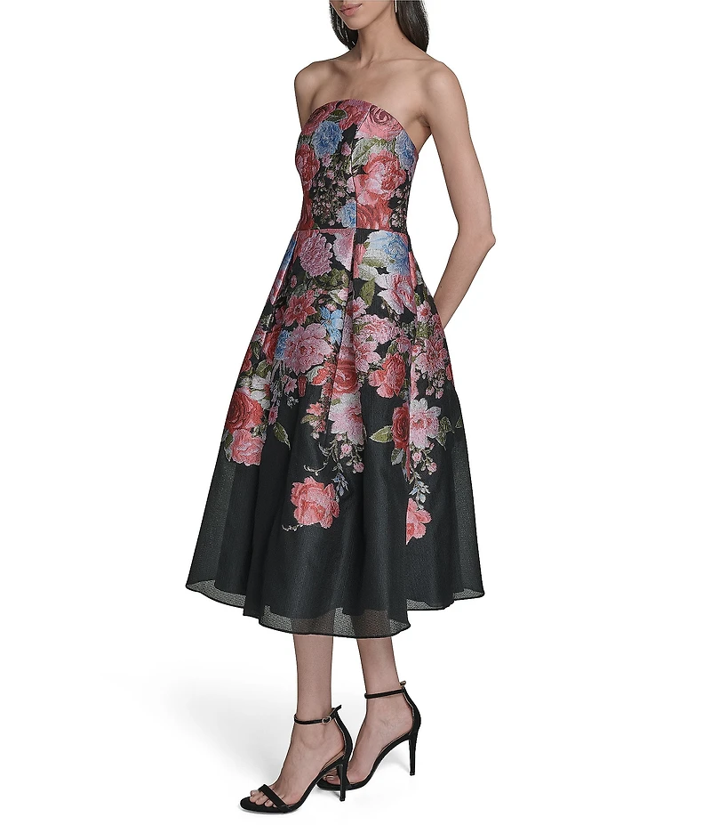Eliza J Strapless Jacquard Floral Print A-Line Midi Dress