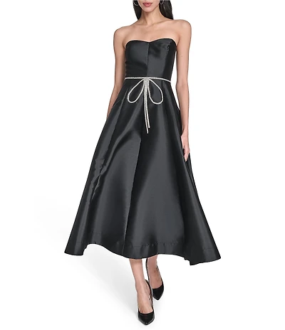 Eliza J Strapless Rhinestone Bow Sweetheart Neck Midi Dress