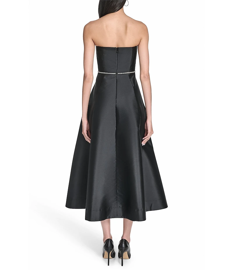 Eliza J Strapless Rhinestone Bow Sweetheart Neck Midi Dress