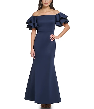 Eliza J Stretch Scuba Crepe Off-The-Shoulder Tiered Ruffle Short Sleeve Mermaid Gown