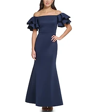 Eliza J Stretch Scuba Crepe Off-The-Shoulder Tiered Ruffle Short Sleeve Mermaid Gown