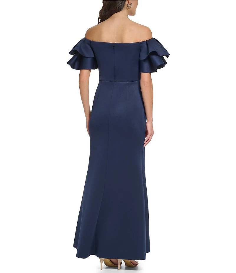 Eliza J Stretch Scuba Crepe Off-The-Shoulder Tiered Ruffle Short Sleeve Mermaid Gown