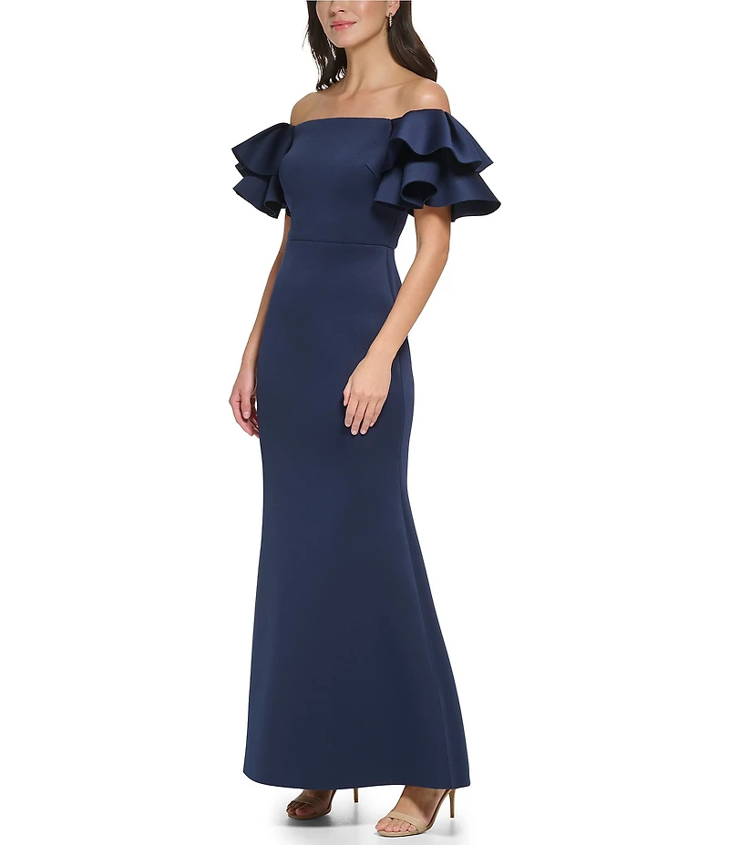 Eliza J Stretch Scuba Crepe Off-The-Shoulder Tiered Ruffle Short Sleeve Mermaid Gown