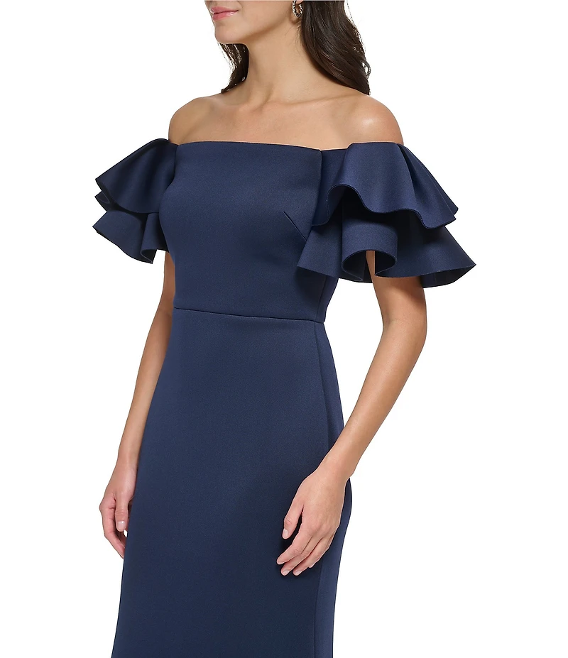 Eliza J Stretch Scuba Crepe Off-The-Shoulder Tiered Ruffle Short Sleeve Mermaid Gown