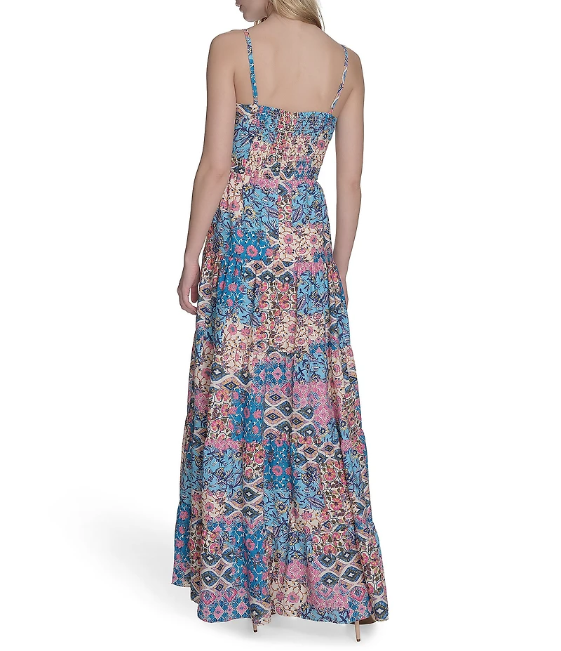 Eliza J Sweetheart Tie Front Patchwork Print Crepe De Chine Maxi Dress